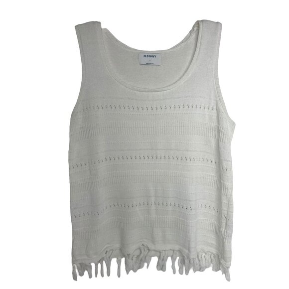 Old Navy Women’s White Sleeveless Knit Top Fringe Hem Crochet Style Size L - Picture 2 of 7